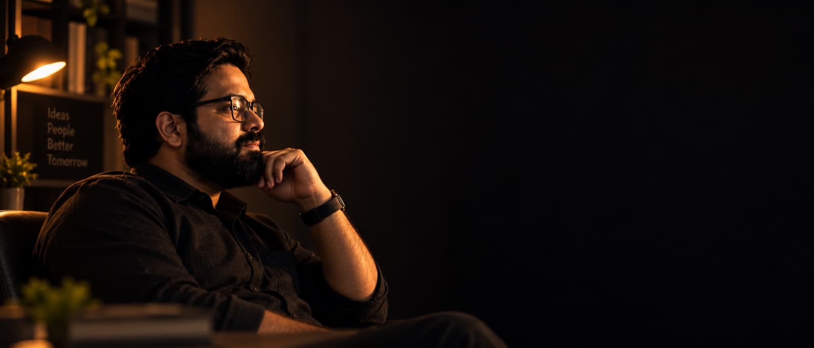 Ajit Sharma seated in low warm light, looking out of frame