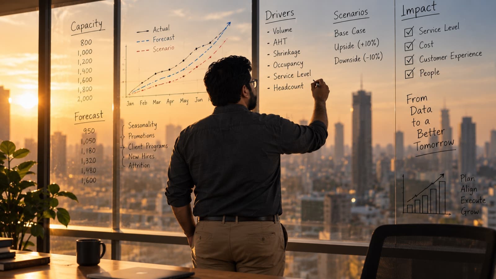 Ajit Sharma working through capacity, forecast and scenario figures on a glass wall at sunset
