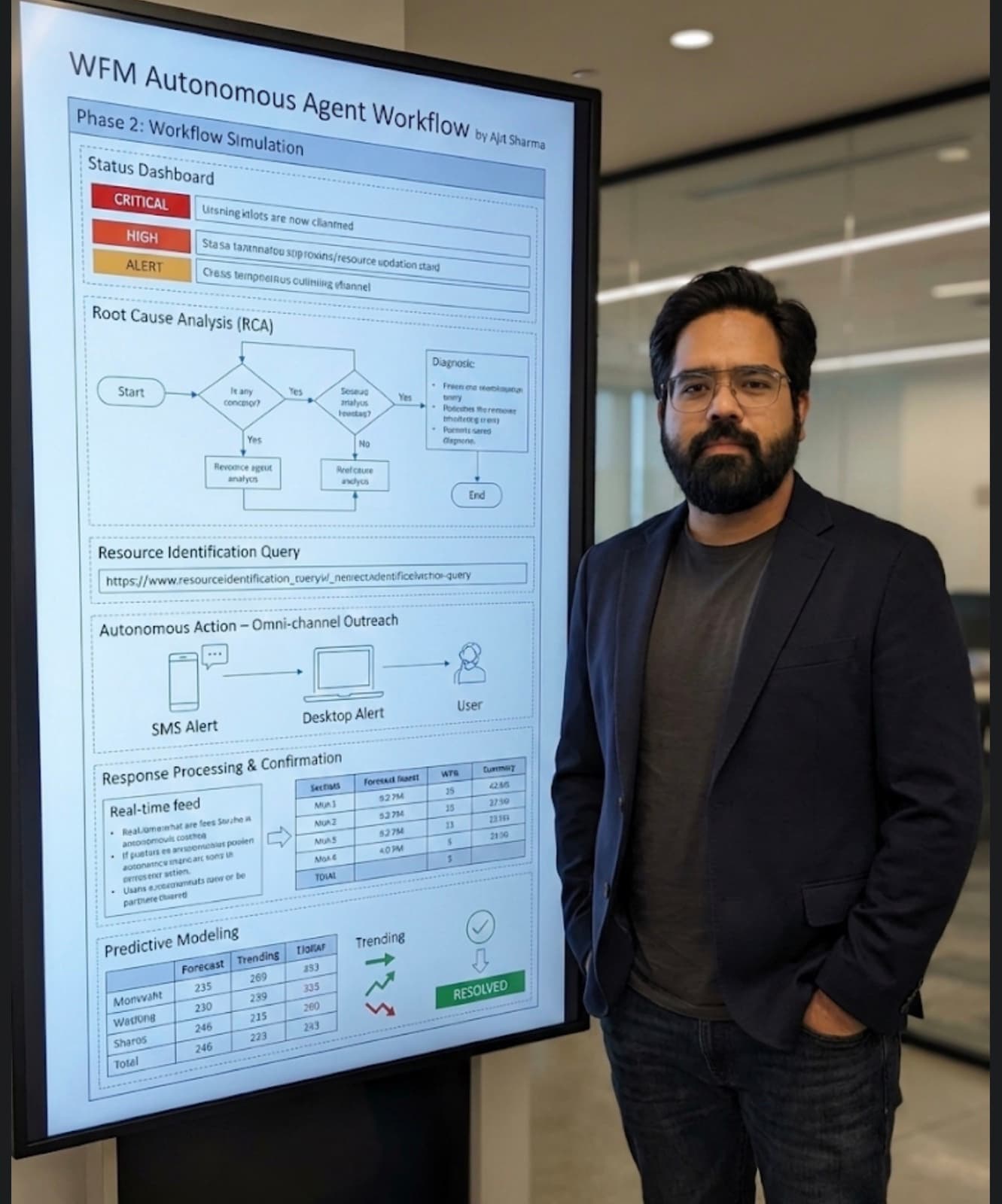 Ajit Sharma beside a display showing a WFM autonomous agent workflow, from status dashboard through root cause analysis to omni-channel outreach